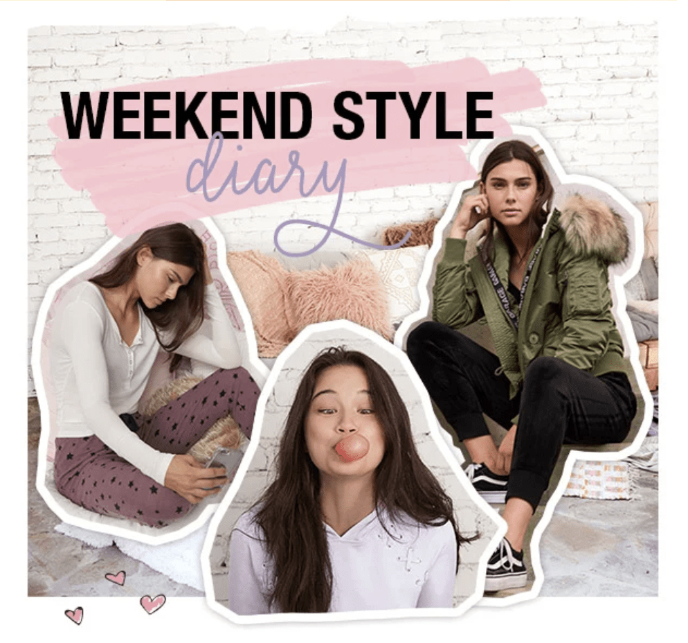 Editorial photo titled ‘Weekend Style Diary’ featuring cutouts of models posing in different outfits