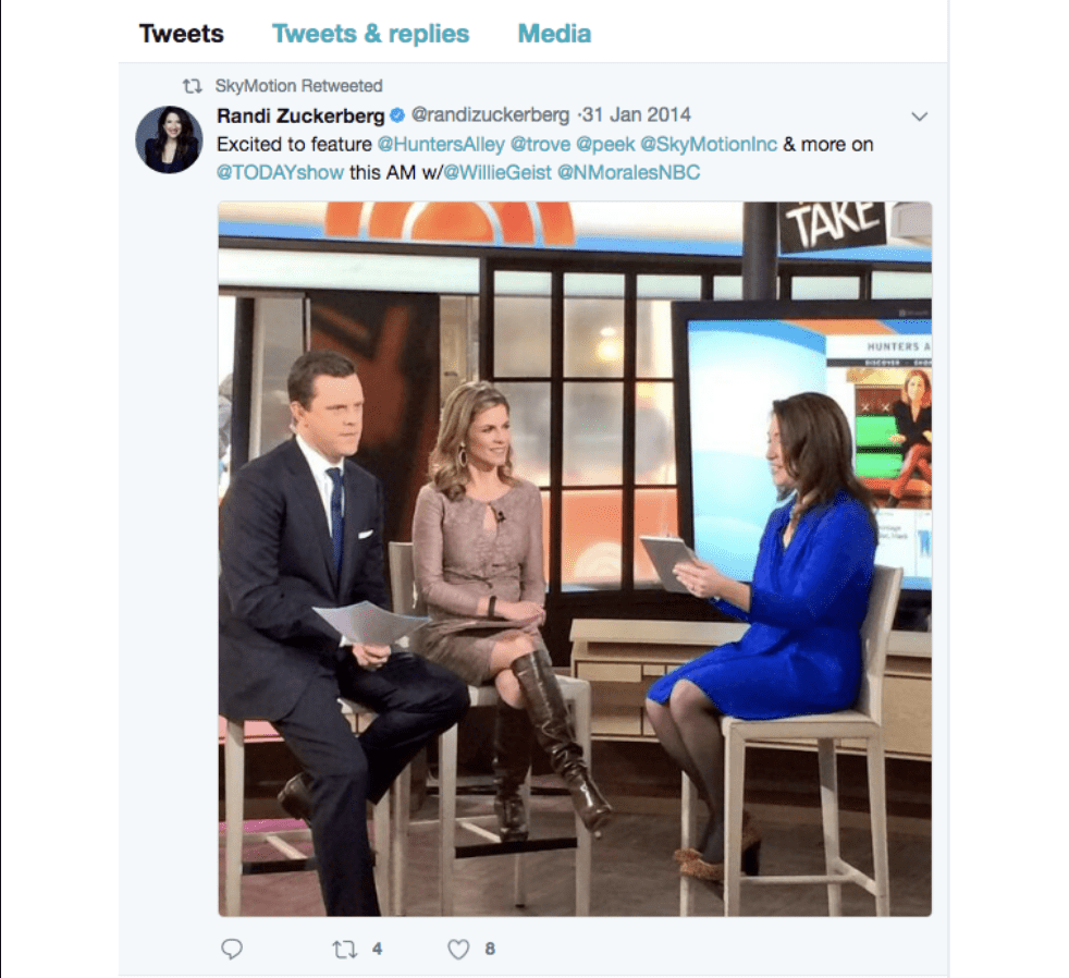 Screenshot of Randi Zuckerberg's tweet promoting Today Show appearance, discussing the SkyMotion app