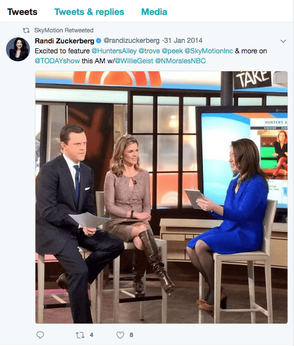 Screenshot of Randi Zuckerberg's tweet promoting Today Show appearance, discussing the SkyMotion app