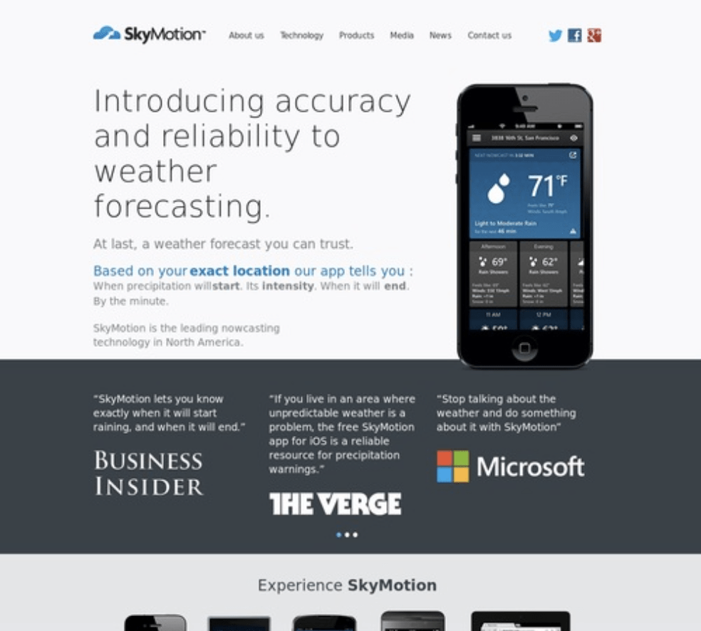 SkyMotion website showcases app on smartphone, with press coverage from Business Insider, The Verge, and Microsoft. Headline read ‘Introducing accuracy and reliability to weather forecasting.’