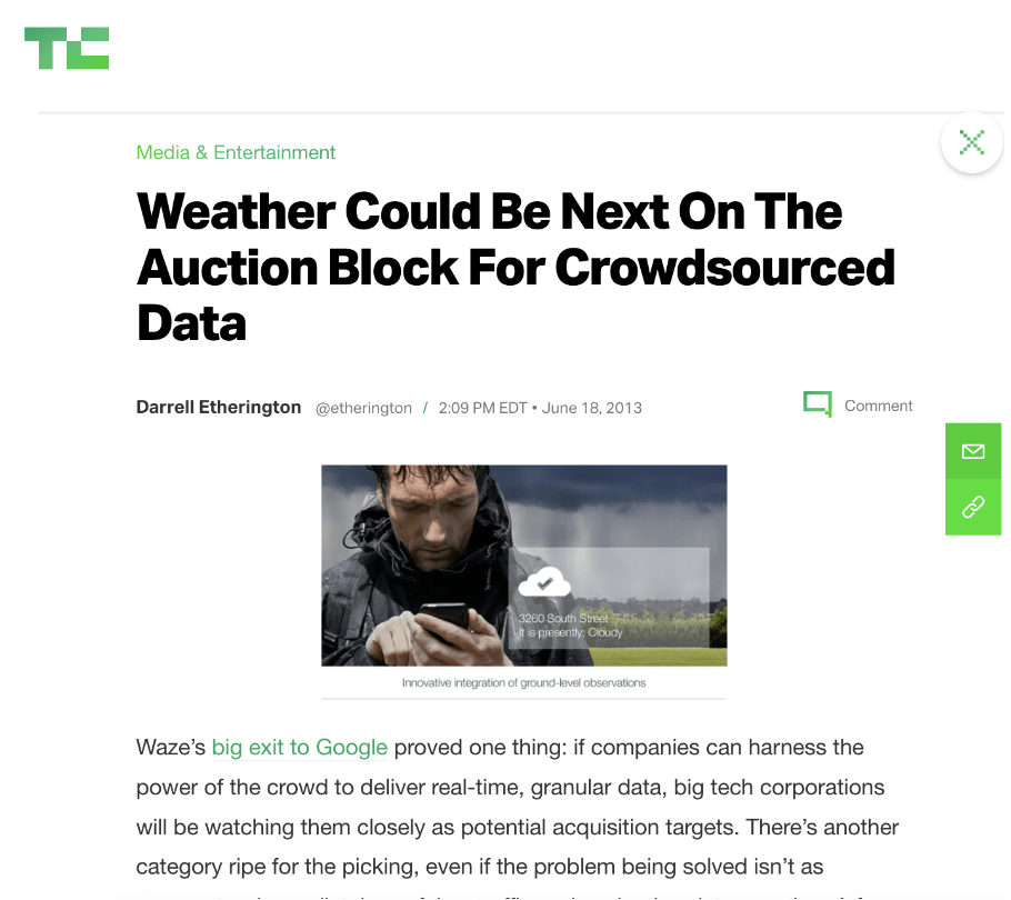 TechCrunch article headlined ‘Weather Could be Next On The Auction Block For Crowdsourced Data’