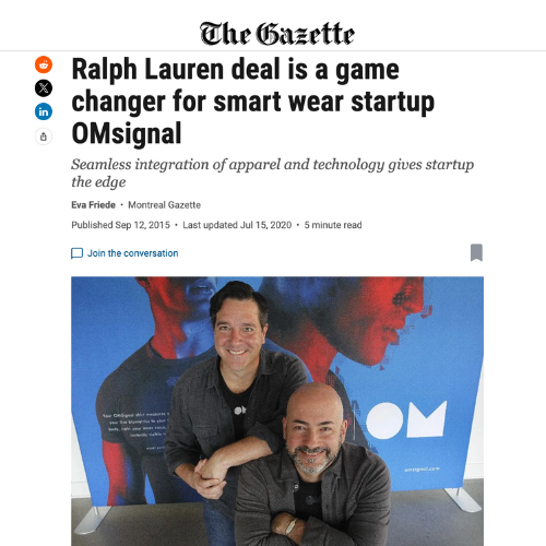 The Montreal Gazette article that reads "Ralph Lauren deal is a game changer for smart wear startup OMsignal" with a photo of OMsignal founders