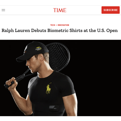 Time Magazine headline reads 'Ralph Lauren debuts biometric shirts at U.S. Open, showcasing tennis player in Polo Tech